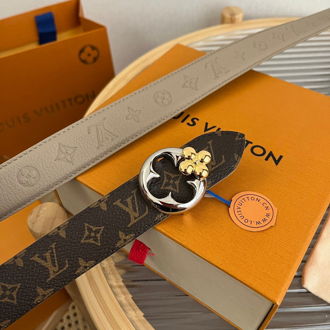 Louis Vuitton Flowergram Round 30mm Reversible Belt Grey Brown Empreinte Calfskin