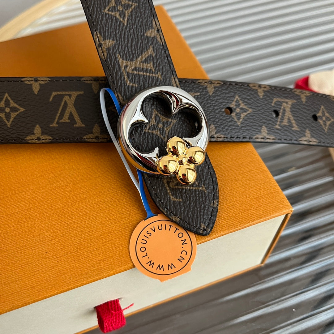 Louis Vuitton Flowergram Round 30mm Reversible Belt Black Brown Empreinte Calfskin