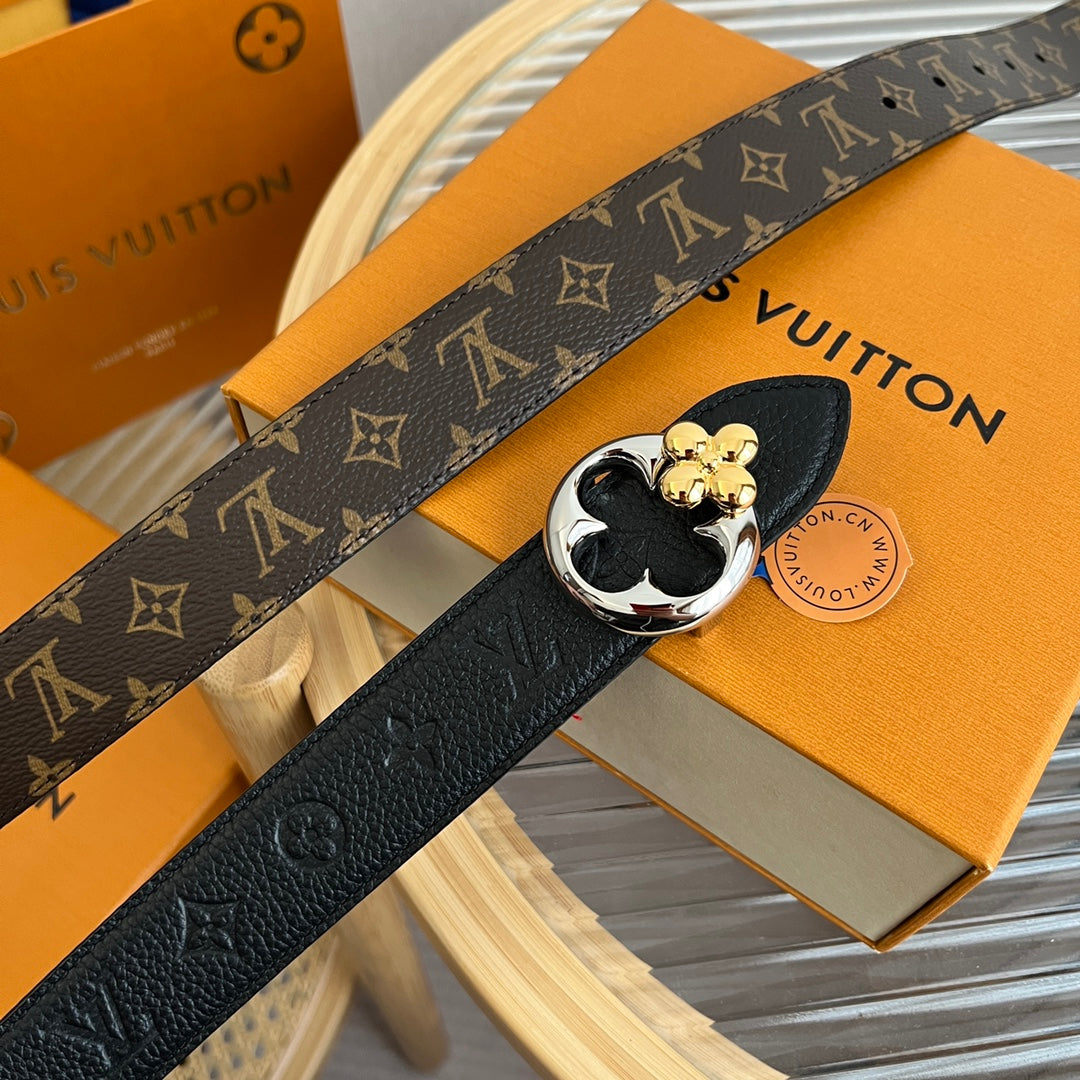 Louis Vuitton Flowergram Round 30mm Reversible Belt Black Brown Empreinte Calfskin