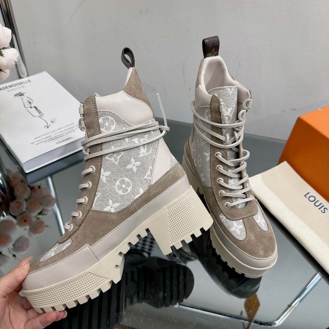 Louis Vuitton Laureate Desert Boot 70mm Gray Brown monogram Fabric Mix Suede