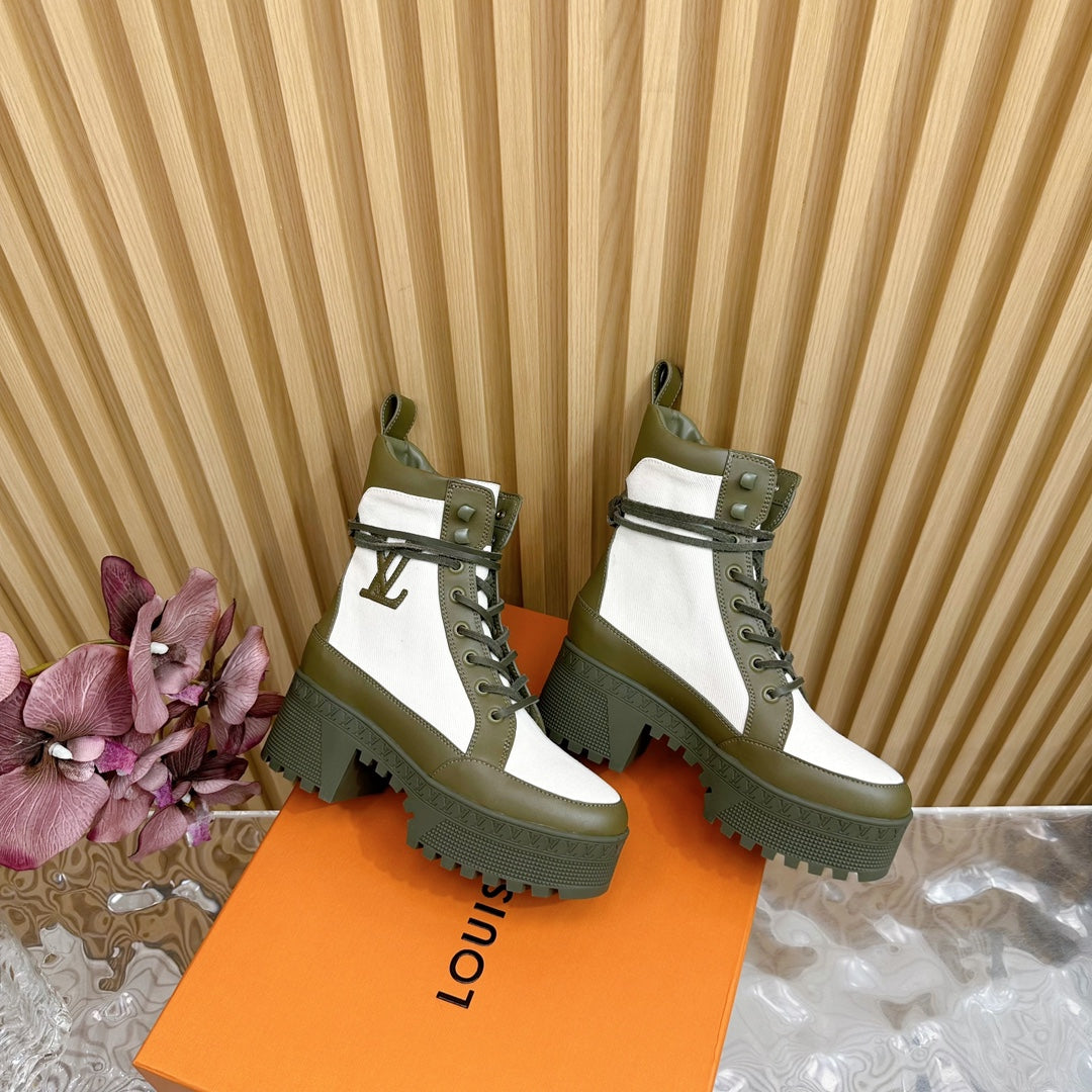 Louis Vuitton Laureate Platform Desert Boot 70mm White Mix Khaki Green Denim Fabric