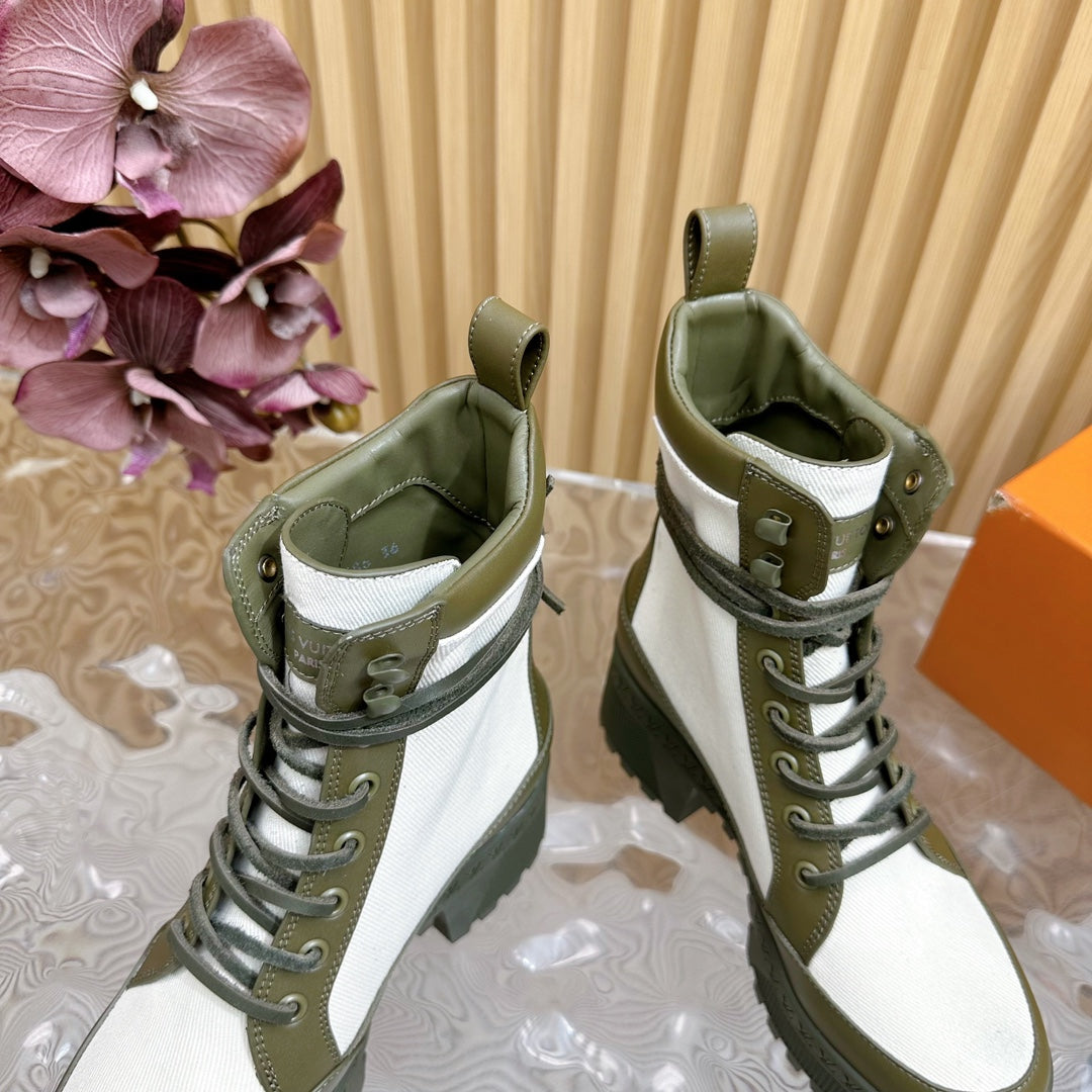 Louis Vuitton Laureate Platform Desert Boot 70mm White Mix Khaki Green Denim Fabric