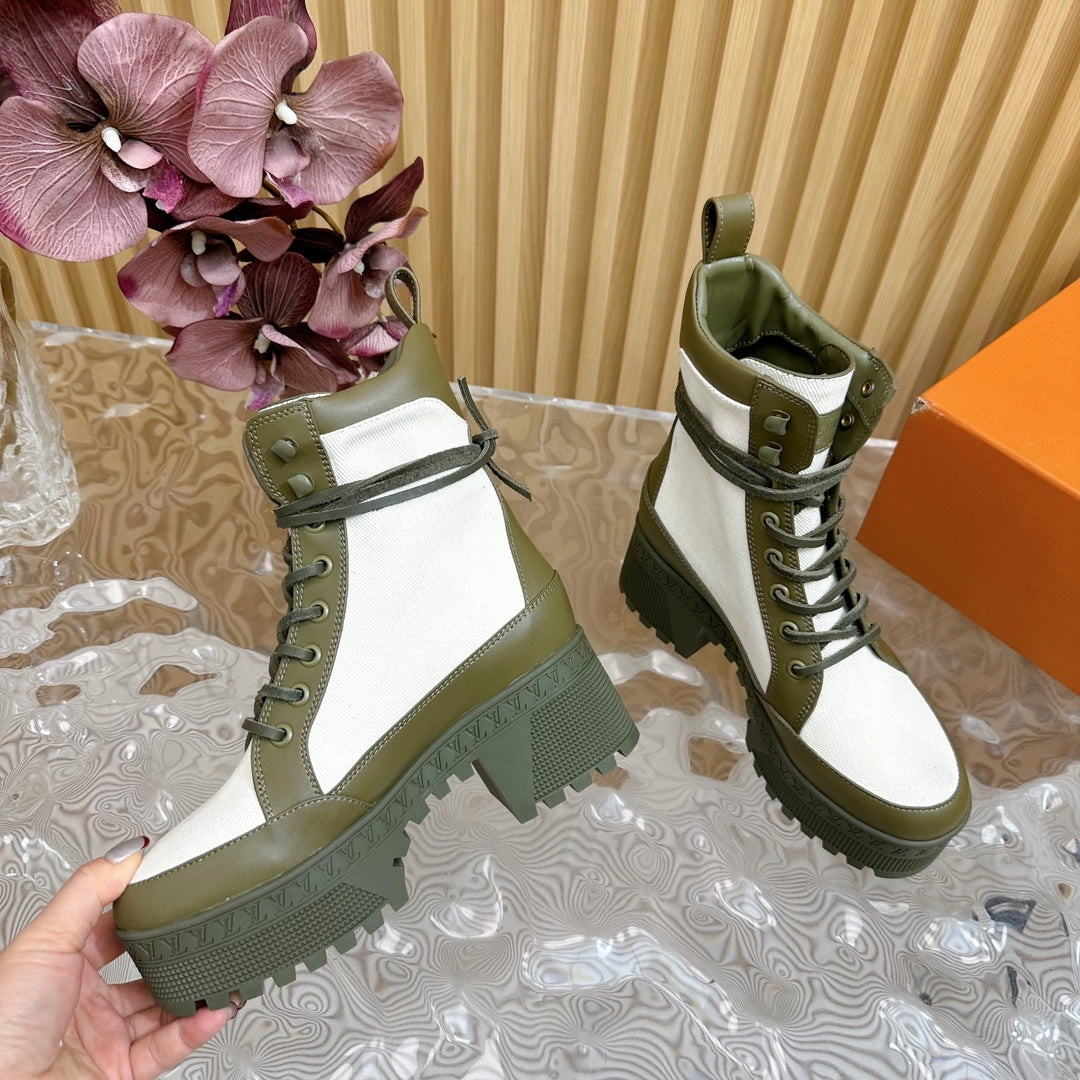 Louis Vuitton Laureate Platform Desert Boot 70mm White Mix Khaki Green Denim Fabric