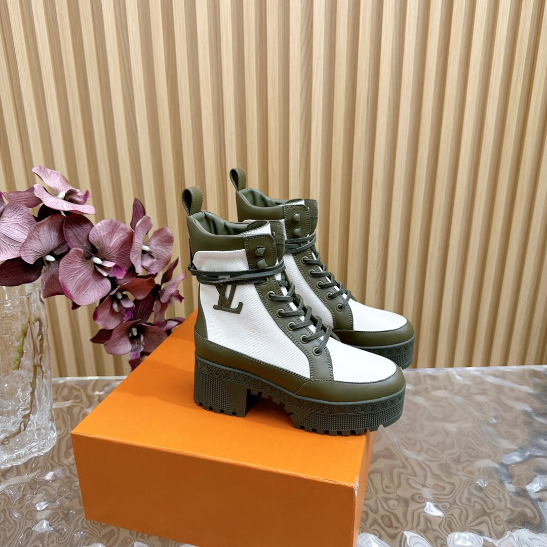 Louis Vuitton Laureate Platform Desert Boot 70mm White Mix Khaki Green Denim Fabric
