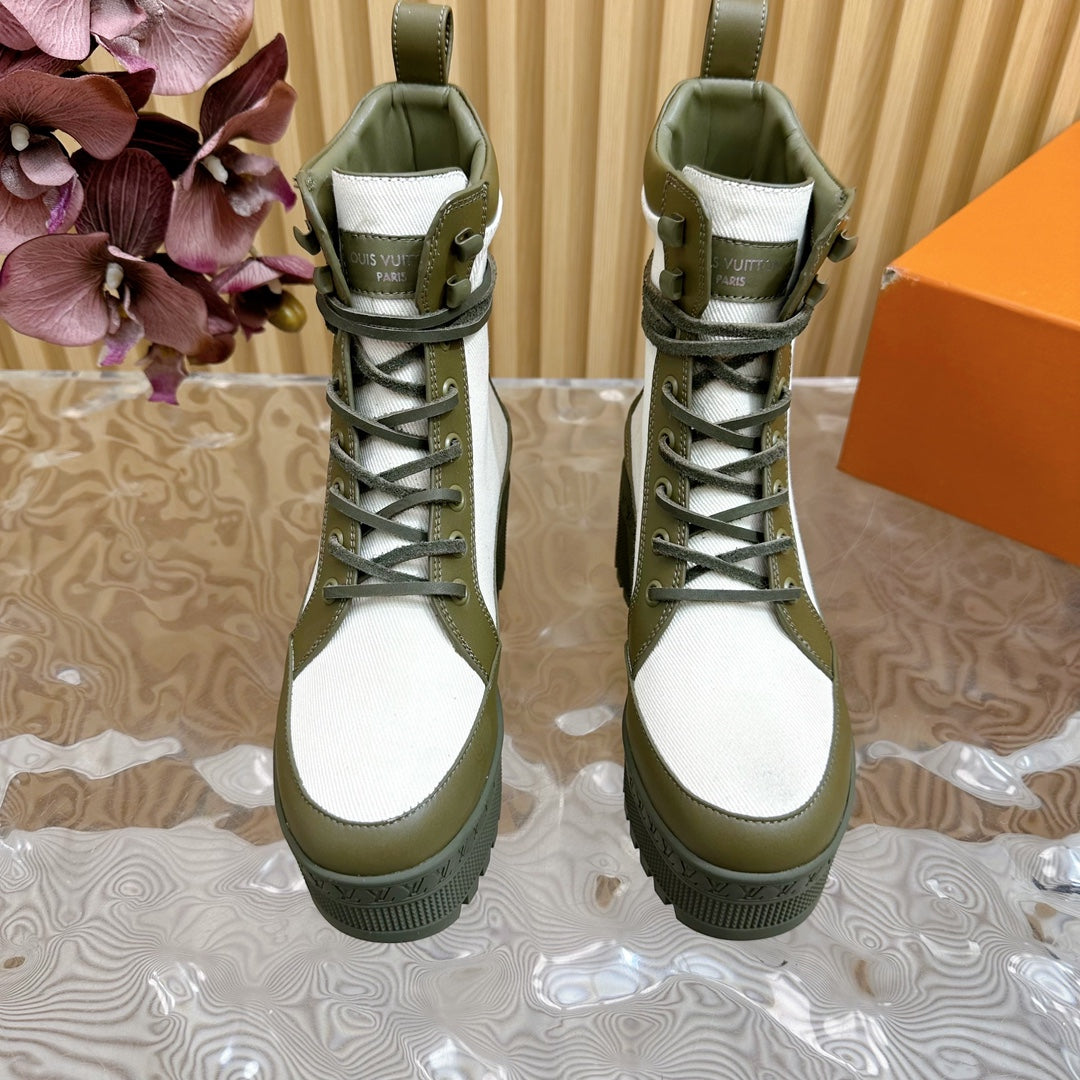 Louis Vuitton Laureate Platform Desert Boot 70mm White Mix Khaki Green Denim Fabric
