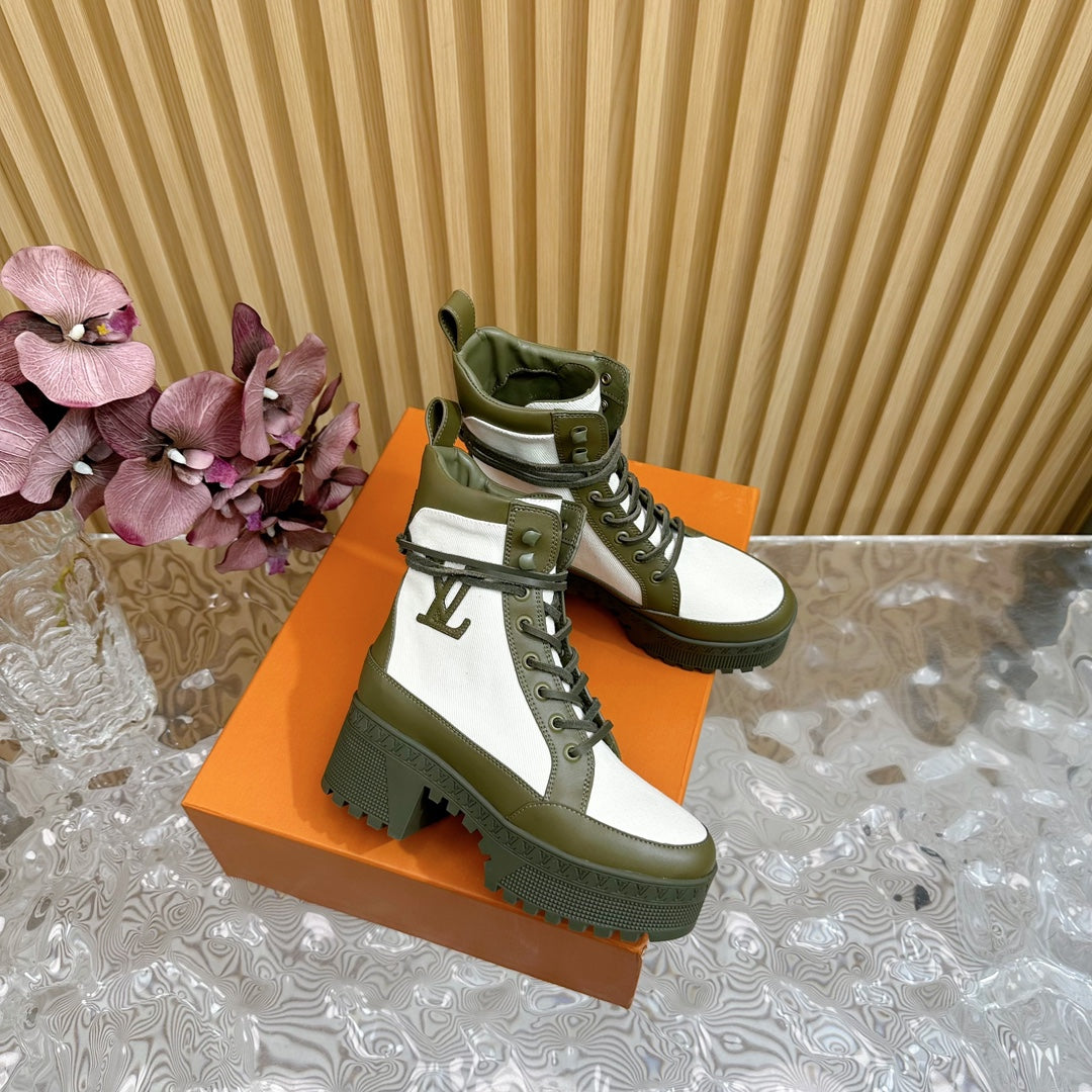 Louis Vuitton Laureate Platform Desert Boot 70mm White Mix Khaki Green Denim Fabric