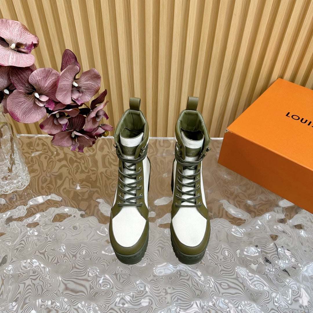 Louis Vuitton Laureate Platform Desert Boot 70mm White Mix Khaki Green Denim Fabric