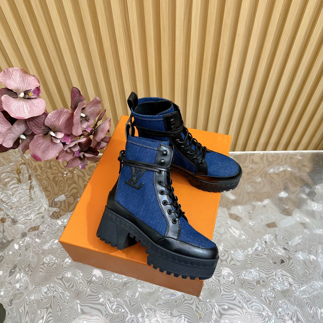 Louis Vuitton Laureate Platform Desert Boot 70mm Dark Blue Denim Fabric