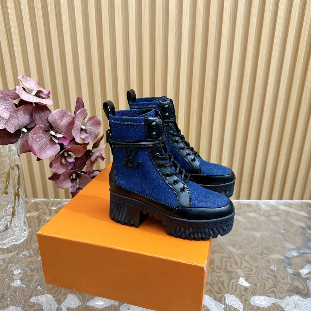 Louis Vuitton Laureate Platform Desert Boot 70mm Dark Blue Denim Fabric