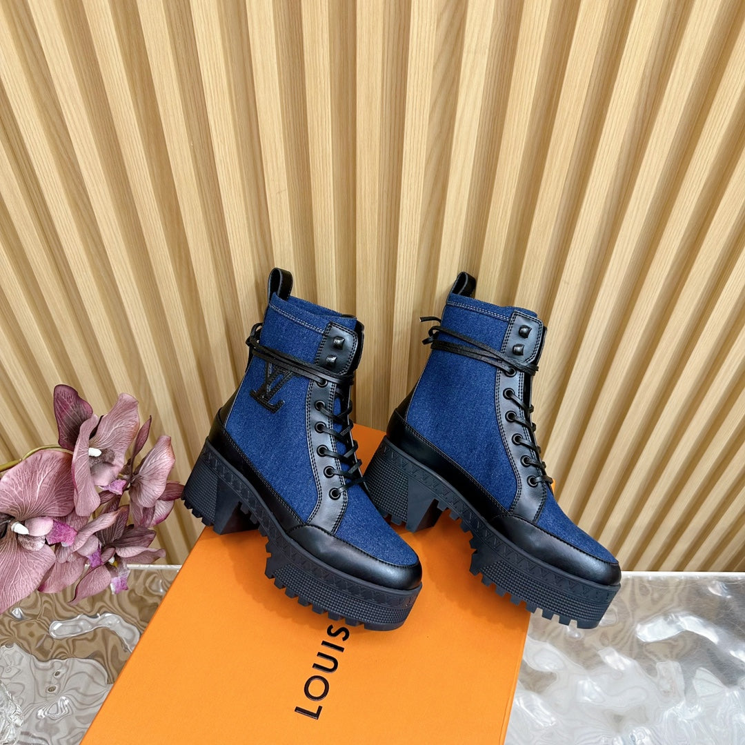 Louis Vuitton Laureate Platform Desert Boot 70mm Dark Blue Denim Fabric