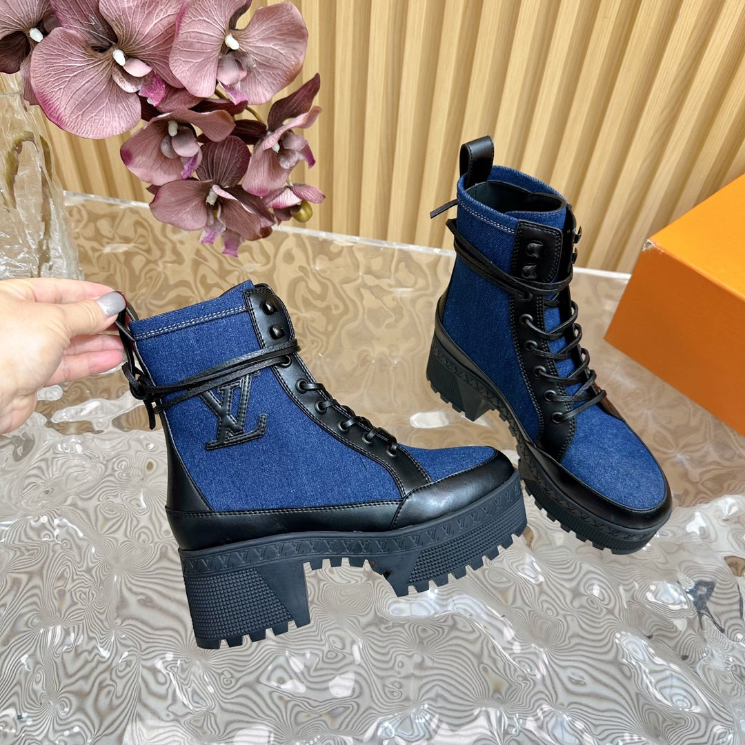 Louis Vuitton Laureate Platform Desert Boot 70mm Dark Blue Denim Fabric