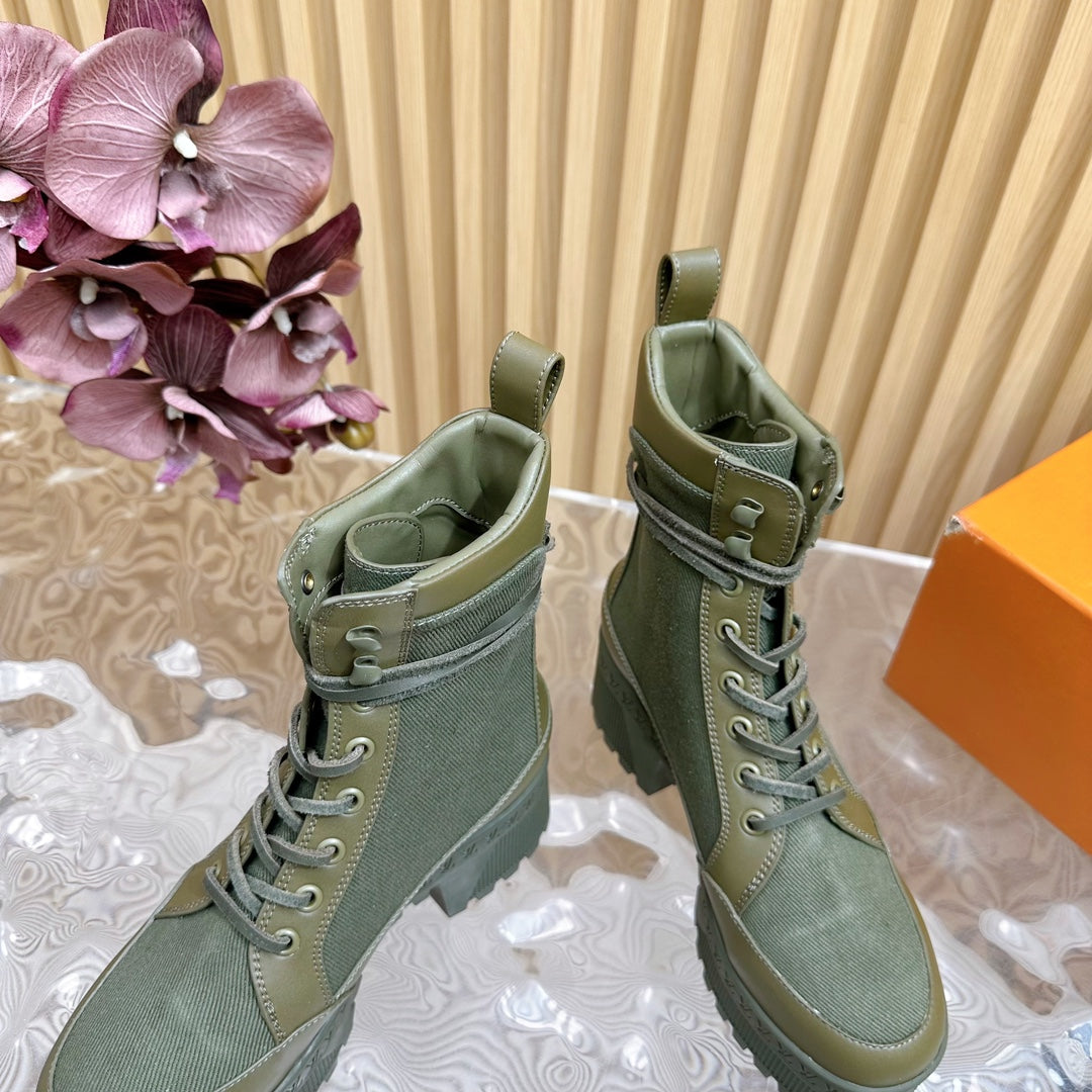 Louis Vuitton Laureate Platform Desert Boot 70mm Khaki Green Denim Fabric