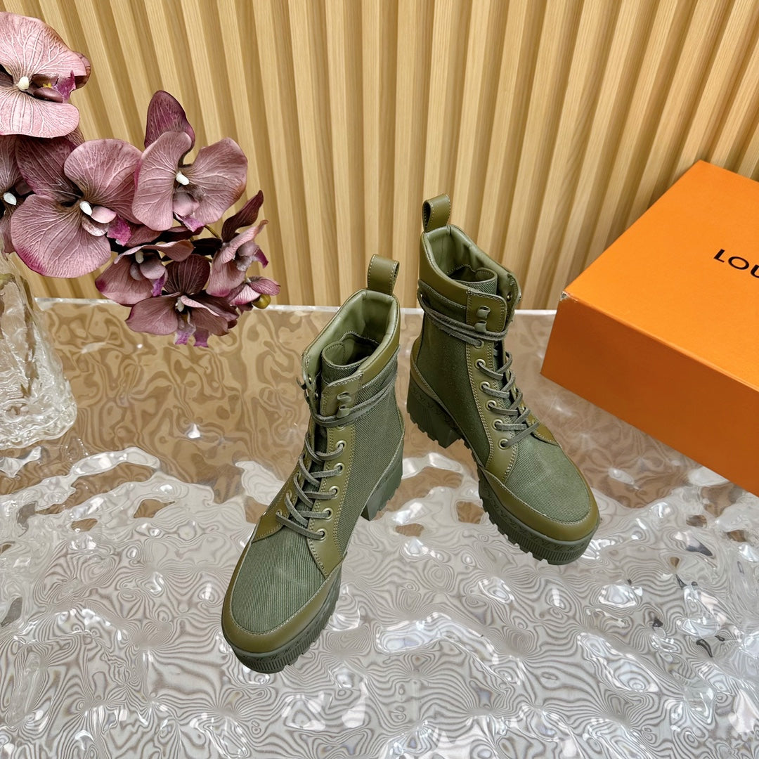Louis Vuitton Laureate Platform Desert Boot 70mm Khaki Green Denim Fabric