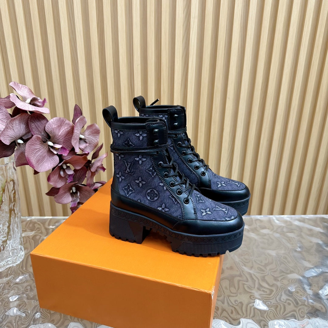 Louis Vuitton Laureate Platform Desert Boot 70mm Blue Black Monogram Jacquard Fabric