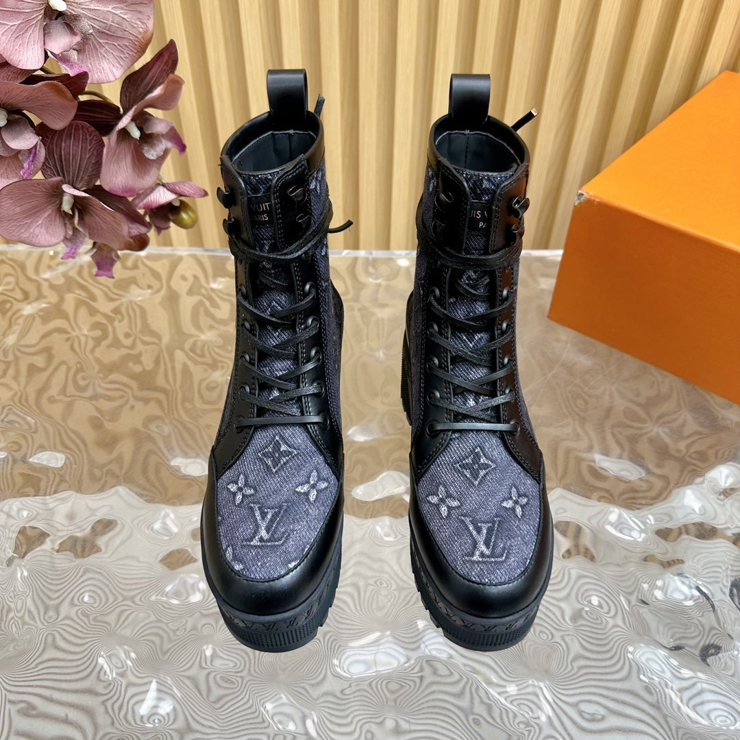 Louis Vuitton Laureate Platform Desert Boot 70mm Blue Black Monogram Jacquard Fabric