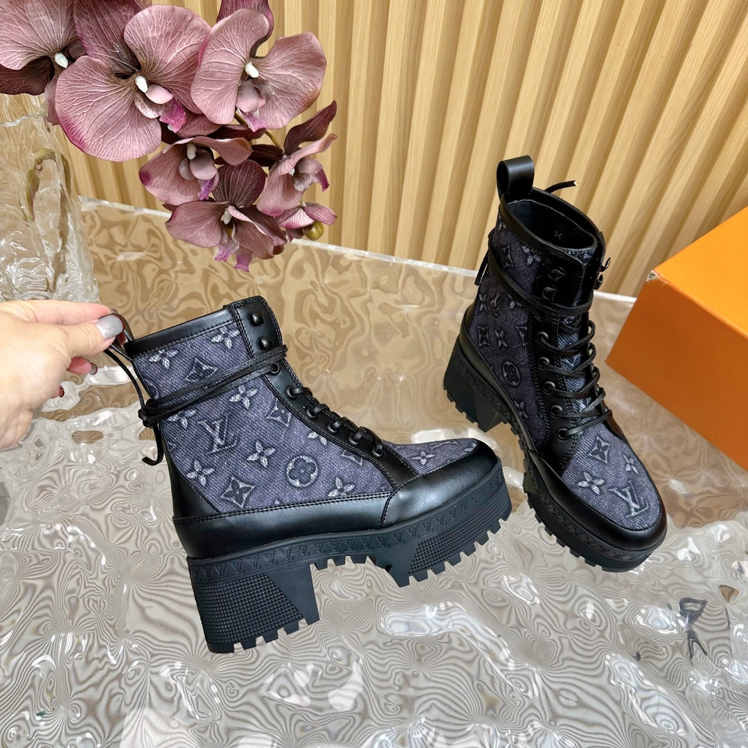 Louis Vuitton Laureate Platform Desert Boot 70mm Blue Black Monogram Jacquard Fabric
