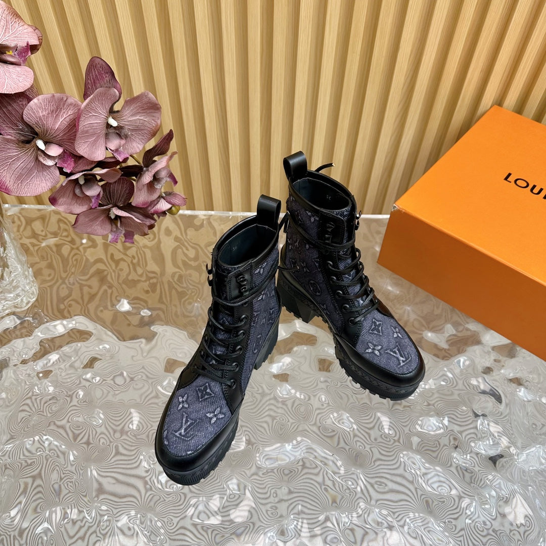 Louis Vuitton Laureate Platform Desert Boot 70mm Blue Black Monogram Jacquard Fabric
