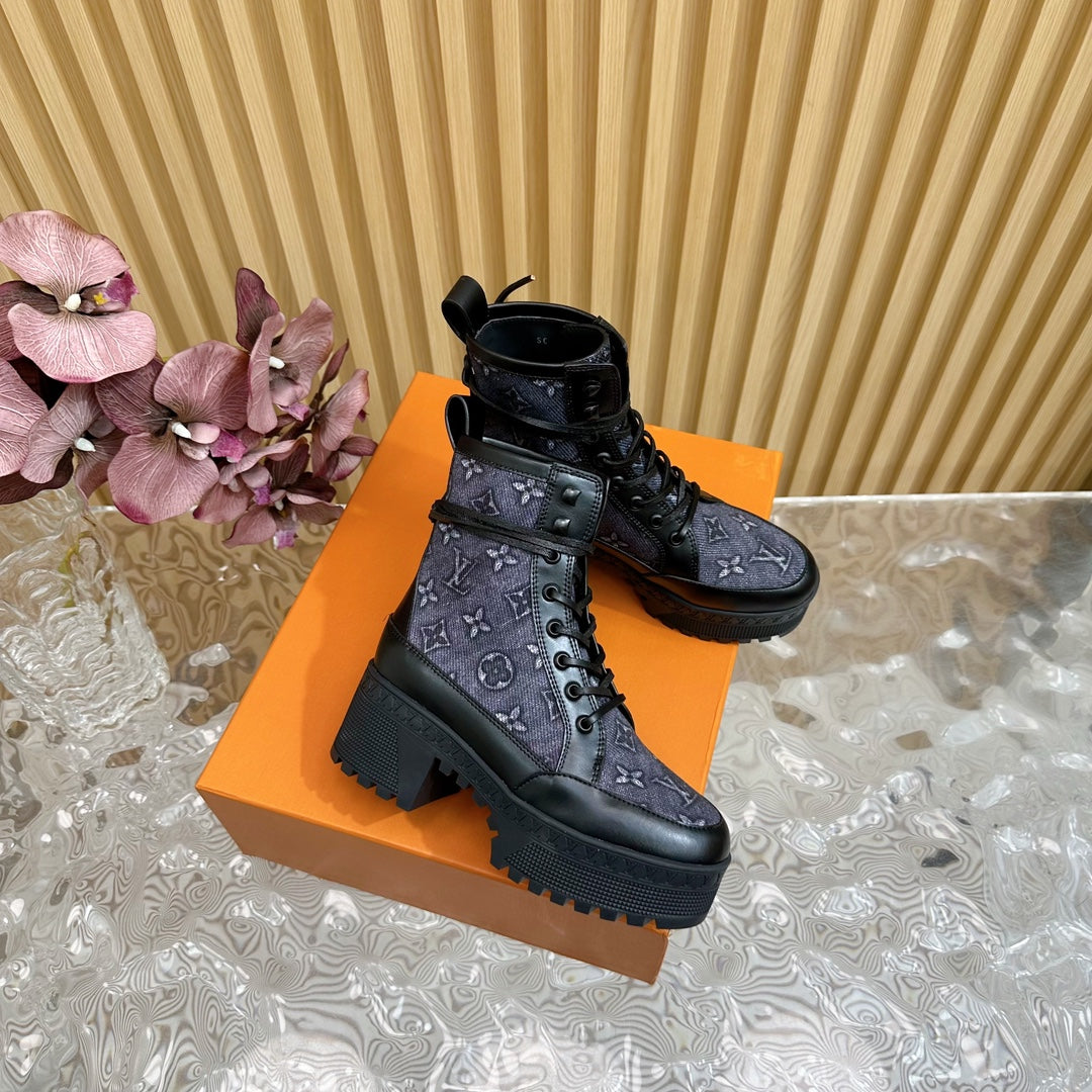 Louis Vuitton Laureate Platform Desert Boot 70mm Blue Black Monogram Jacquard Fabric