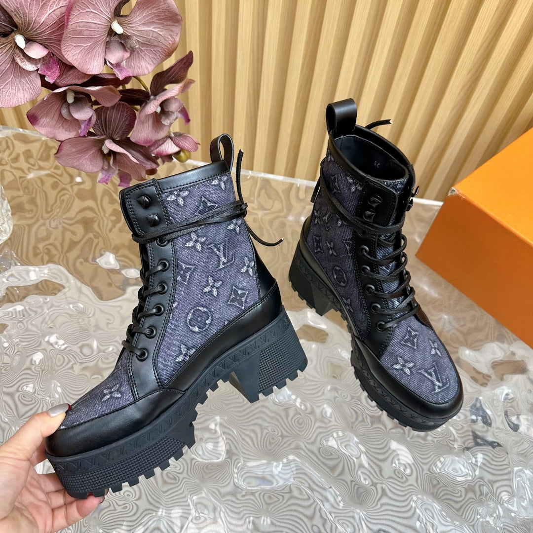 Louis Vuitton Laureate Platform Desert Boot 70mm Blue Black Monogram Jacquard Fabric