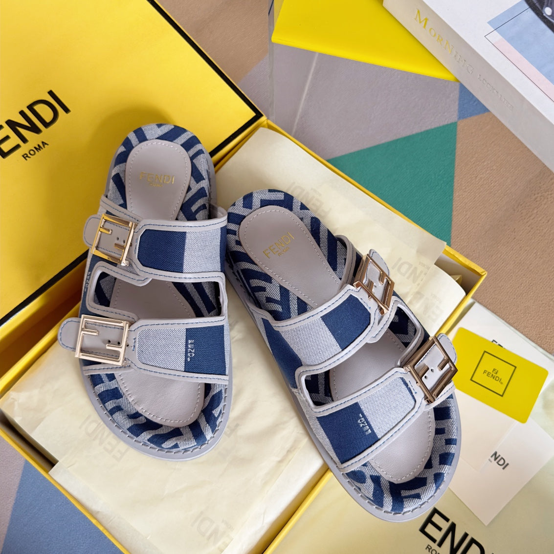 FENDI FF Feel Blue Light Grey Canvas Slide