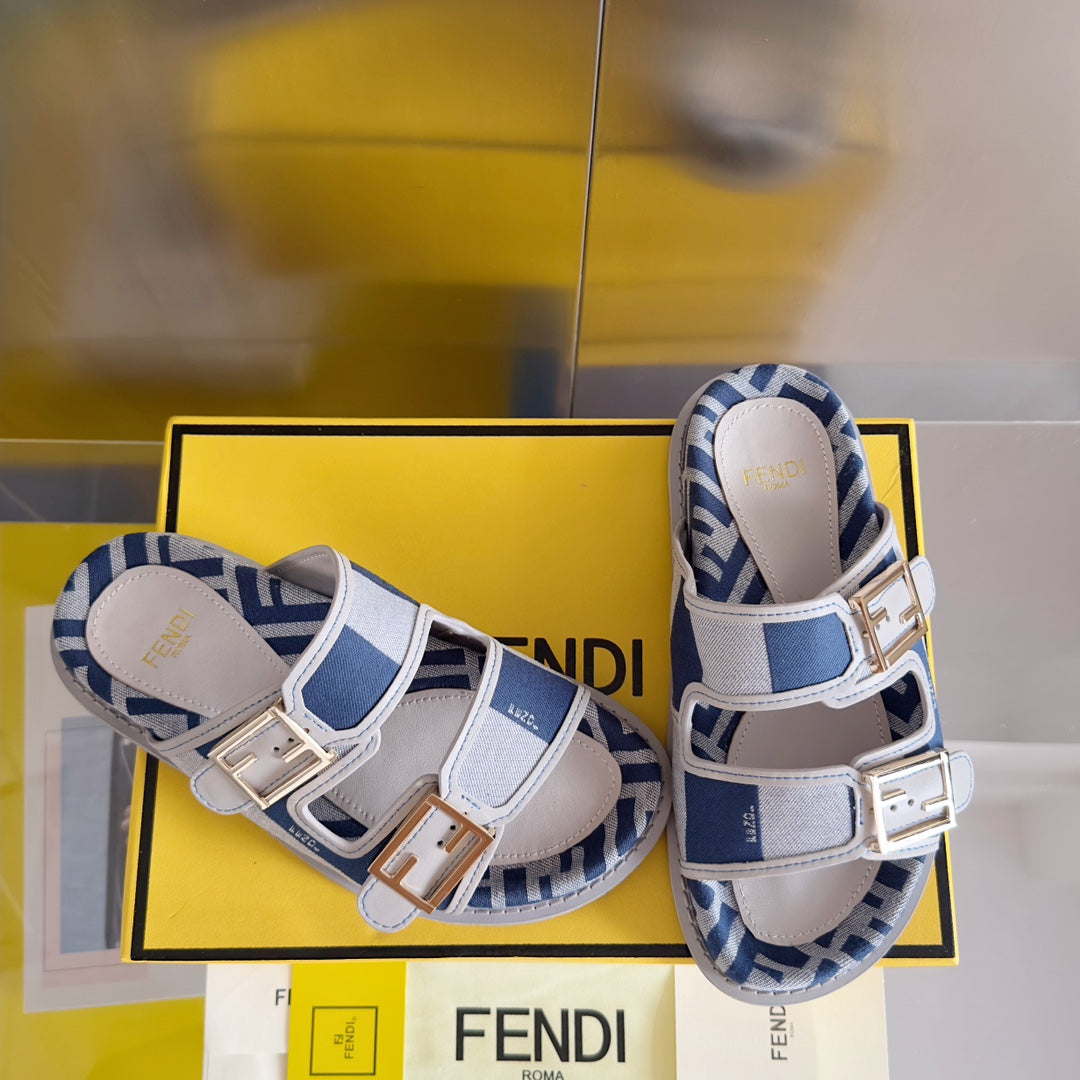 FENDI FF Feel Blue Light Grey Canvas Slide