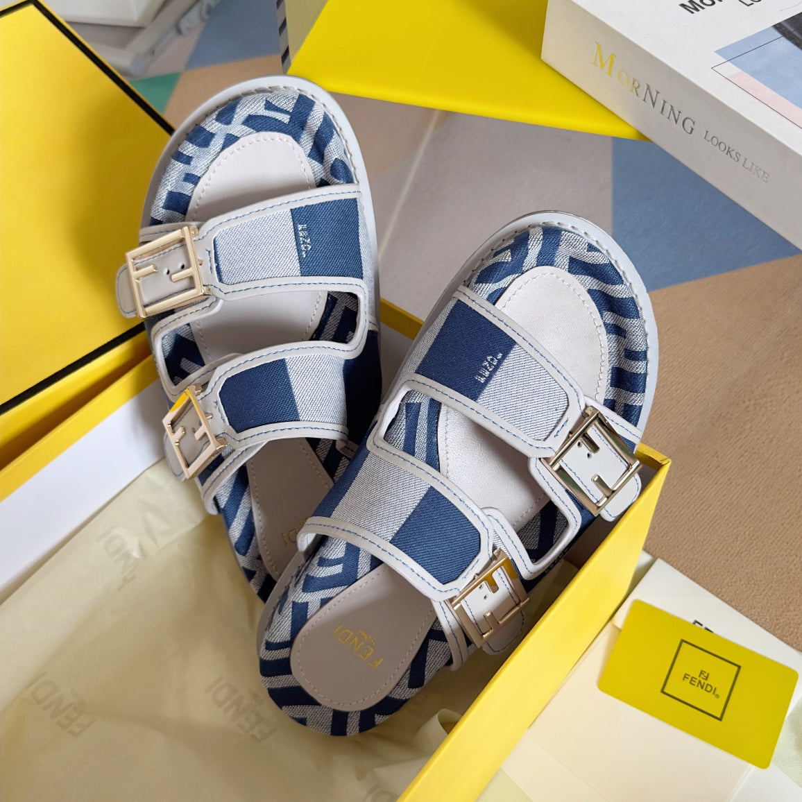 FENDI FF Feel Blue Light Grey Canvas Slide