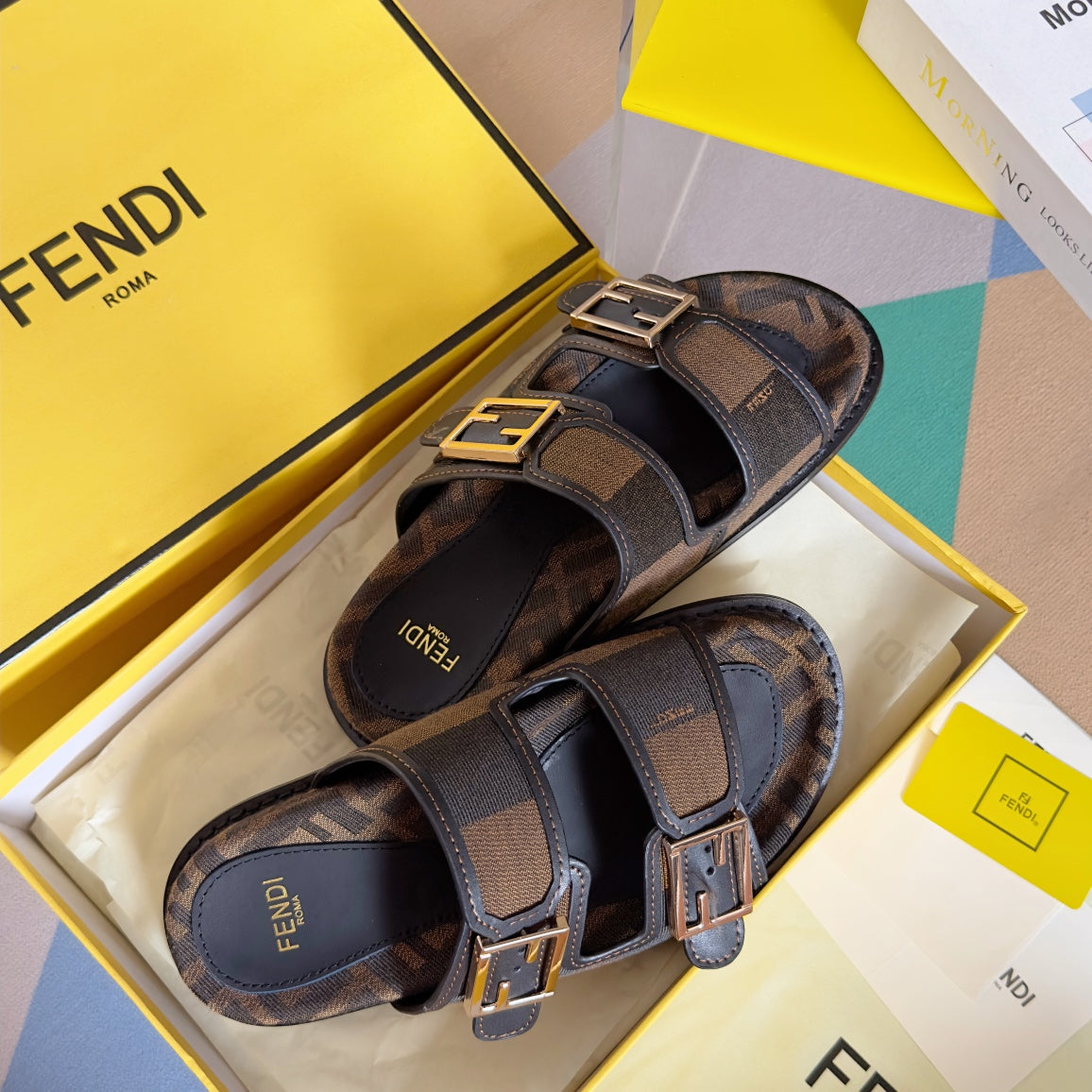 FENDI FF Feel Brown Black Canvas Slide
