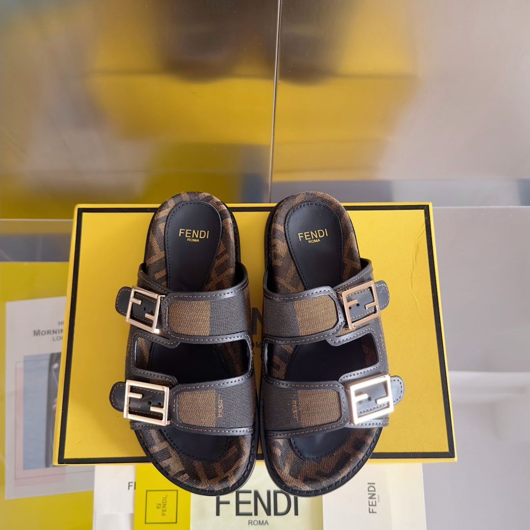 FENDI FF Feel Brown Black Canvas Slide