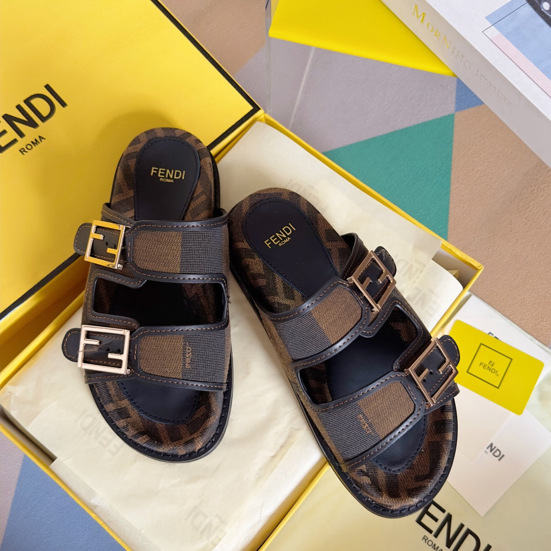 FENDI FF Feel Brown Black Canvas Slide