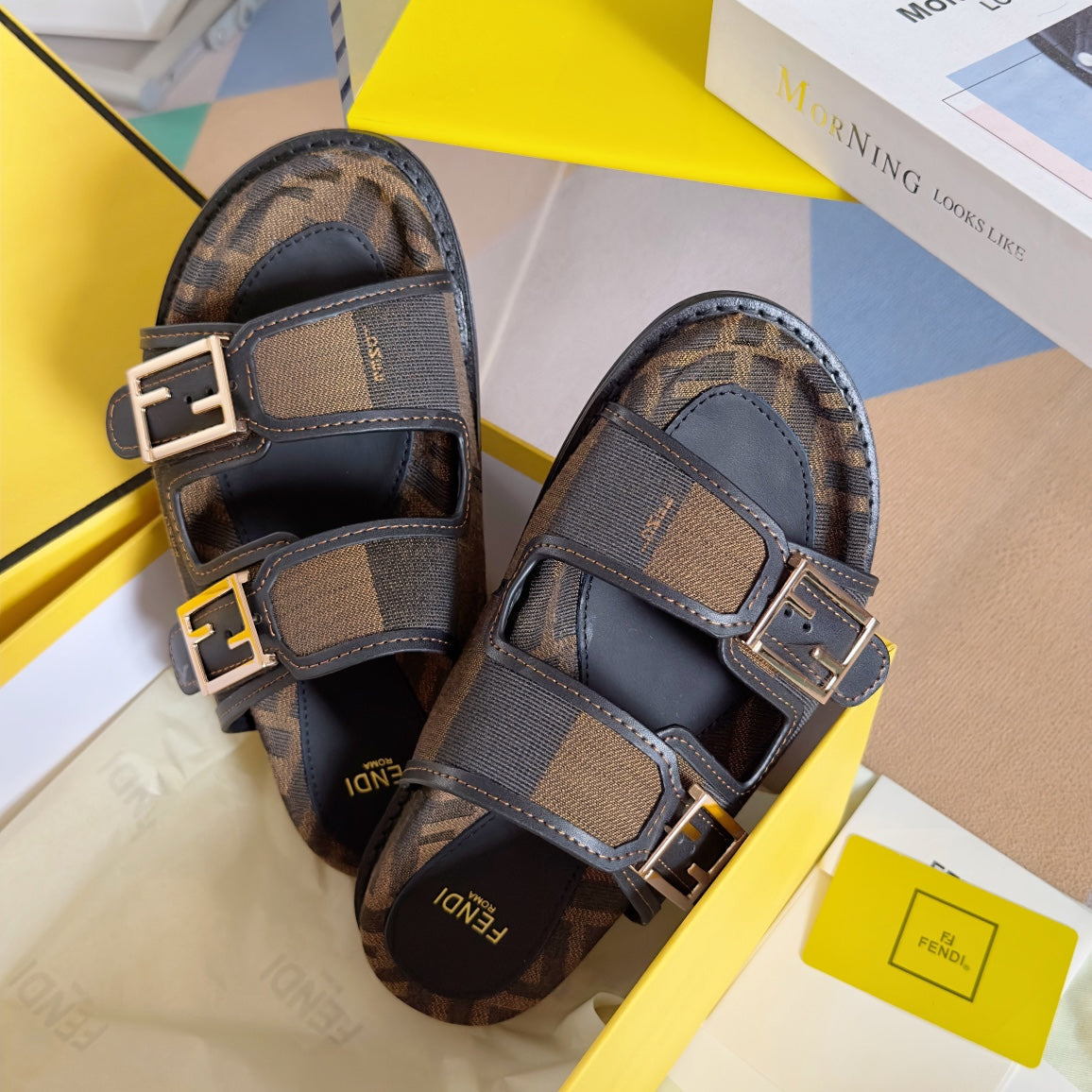 FENDI FF Feel Brown Black Canvas Slide