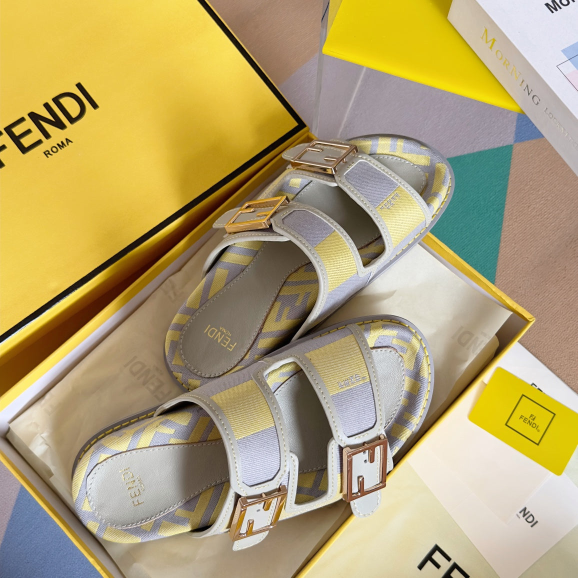 FENDI FF Feel Yellow Grey Canvas Slide