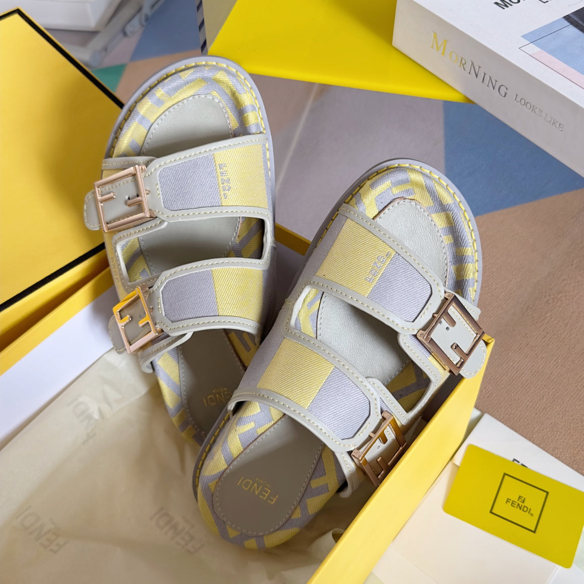 FENDI FF Feel Yellow Grey Canvas Slide