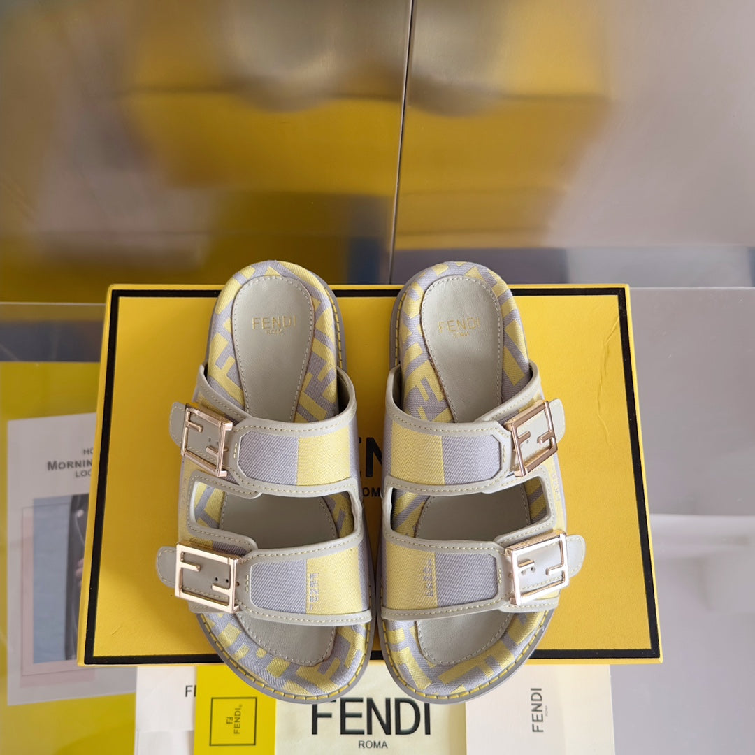 FENDI FF Feel Yellow Grey Canvas Slide