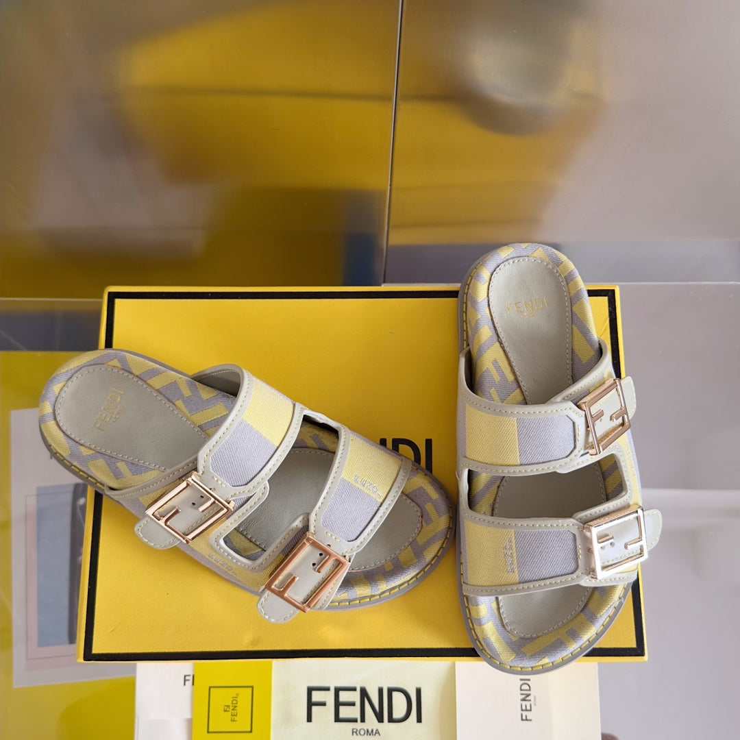 FENDI FF Feel Yellow Grey Canvas Slide