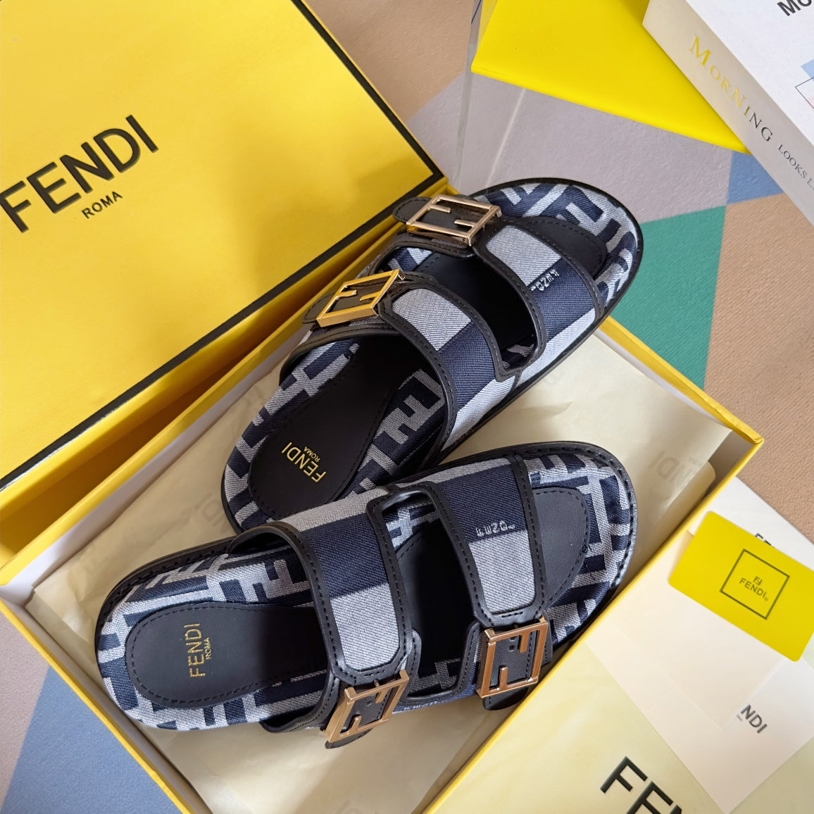 FENDI FF Feel Blue Grey Canvas Slide