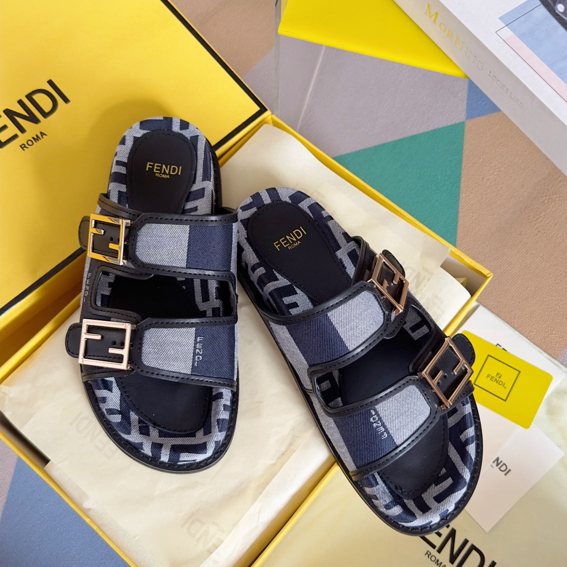 FENDI FF Feel Blue Grey Canvas Slide