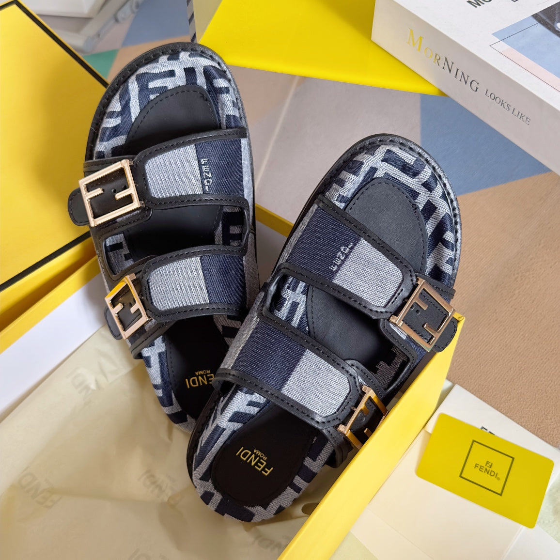 FENDI FF Feel Blue Grey Canvas Slide