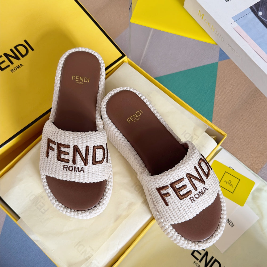 FENDI FF Sunshine 65 White Cotton Brown Leather Fibre Flatform Slide