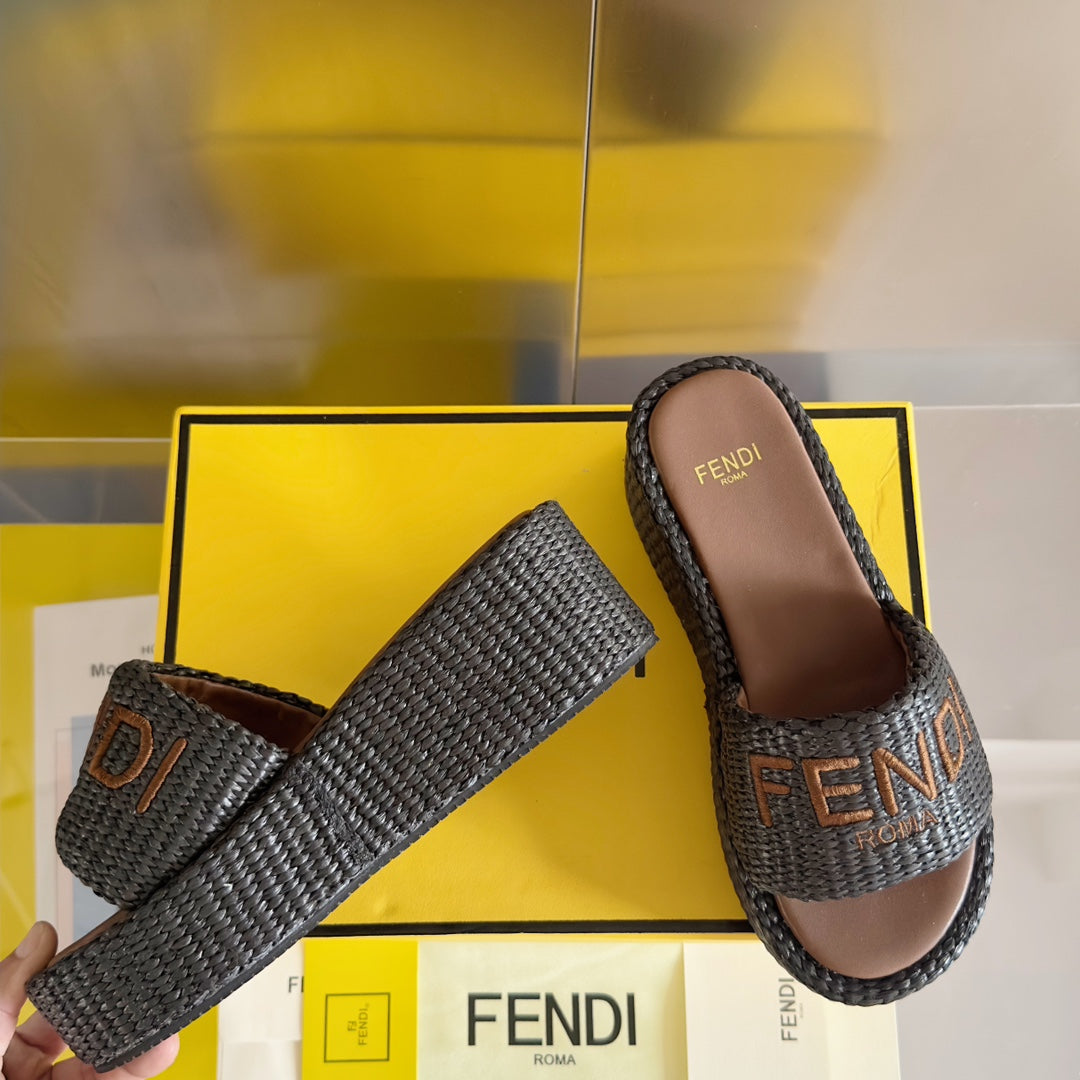 FENDI FF Sunshine 65 Chocolate Cotton Brown Leather Fibre Flatform Slide
