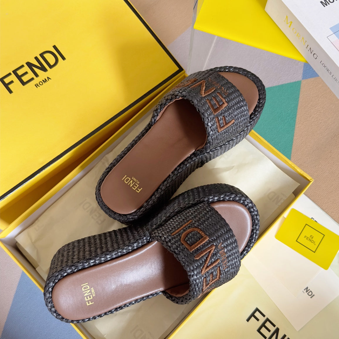 FENDI FF Sunshine 65 Chocolate Cotton Brown Leather Fibre Flatform Slide