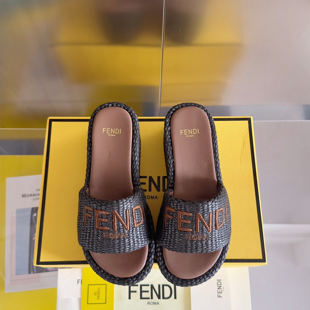 FENDI FF Sunshine 65 Chocolate Cotton Brown Leather Fibre Flatform Slide