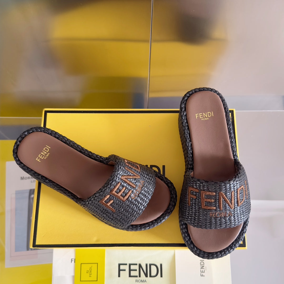 FENDI FF Sunshine 65 Chocolate Cotton Brown Leather Fibre Flatform Slide