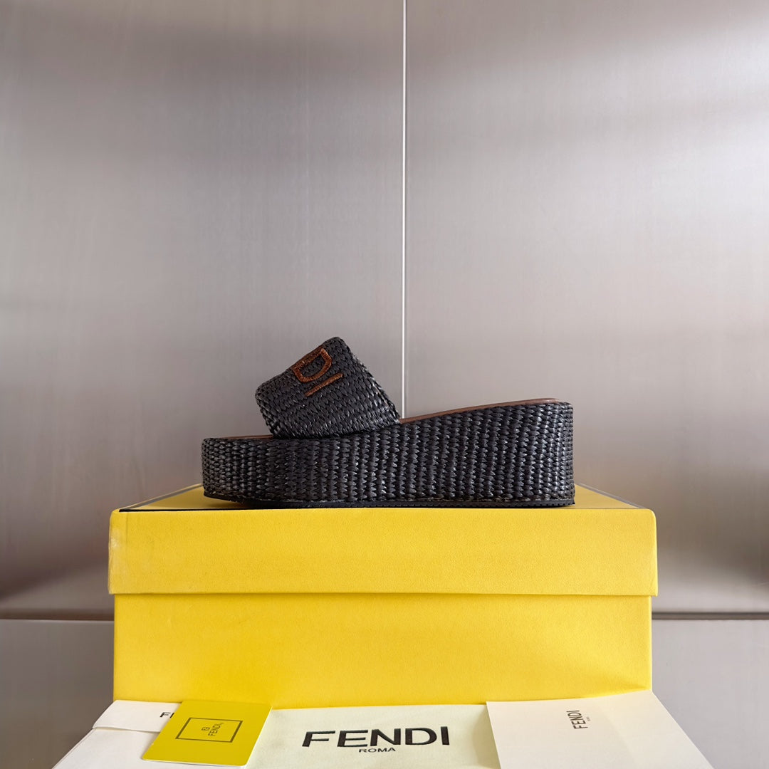 FENDI FF Sunshine 65 Chocolate Cotton Brown Leather Fibre Flatform Slide