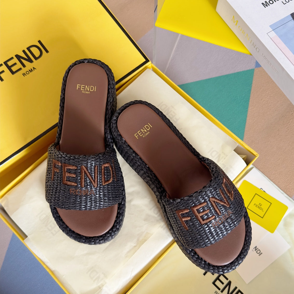 FENDI FF Sunshine 65 Chocolate Cotton Brown Leather Fibre Flatform Slide