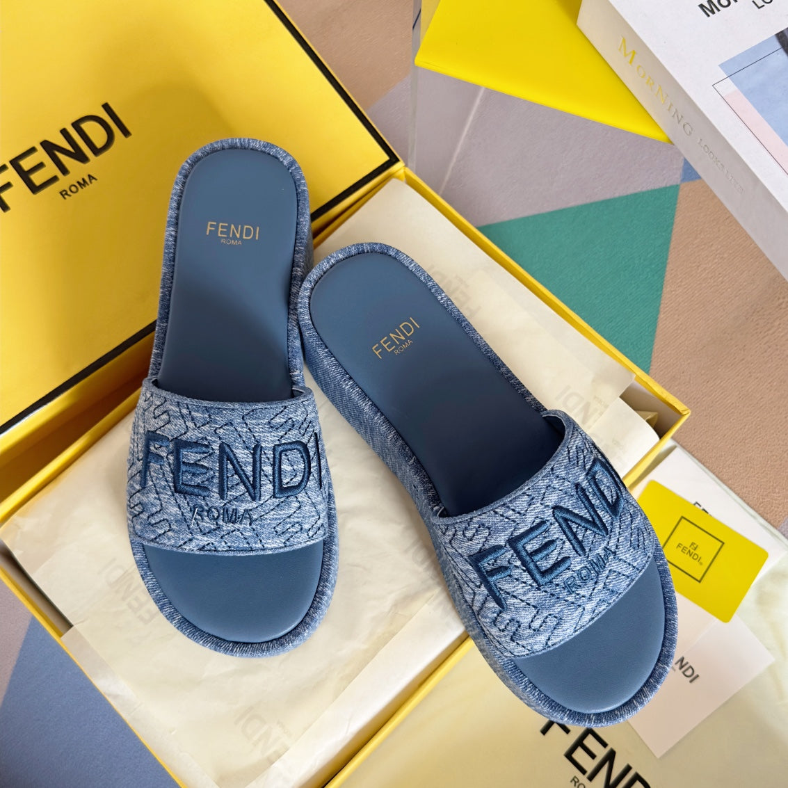 FENDI FF Monogram Sunshine 65 Blue Sky Fabric Slide