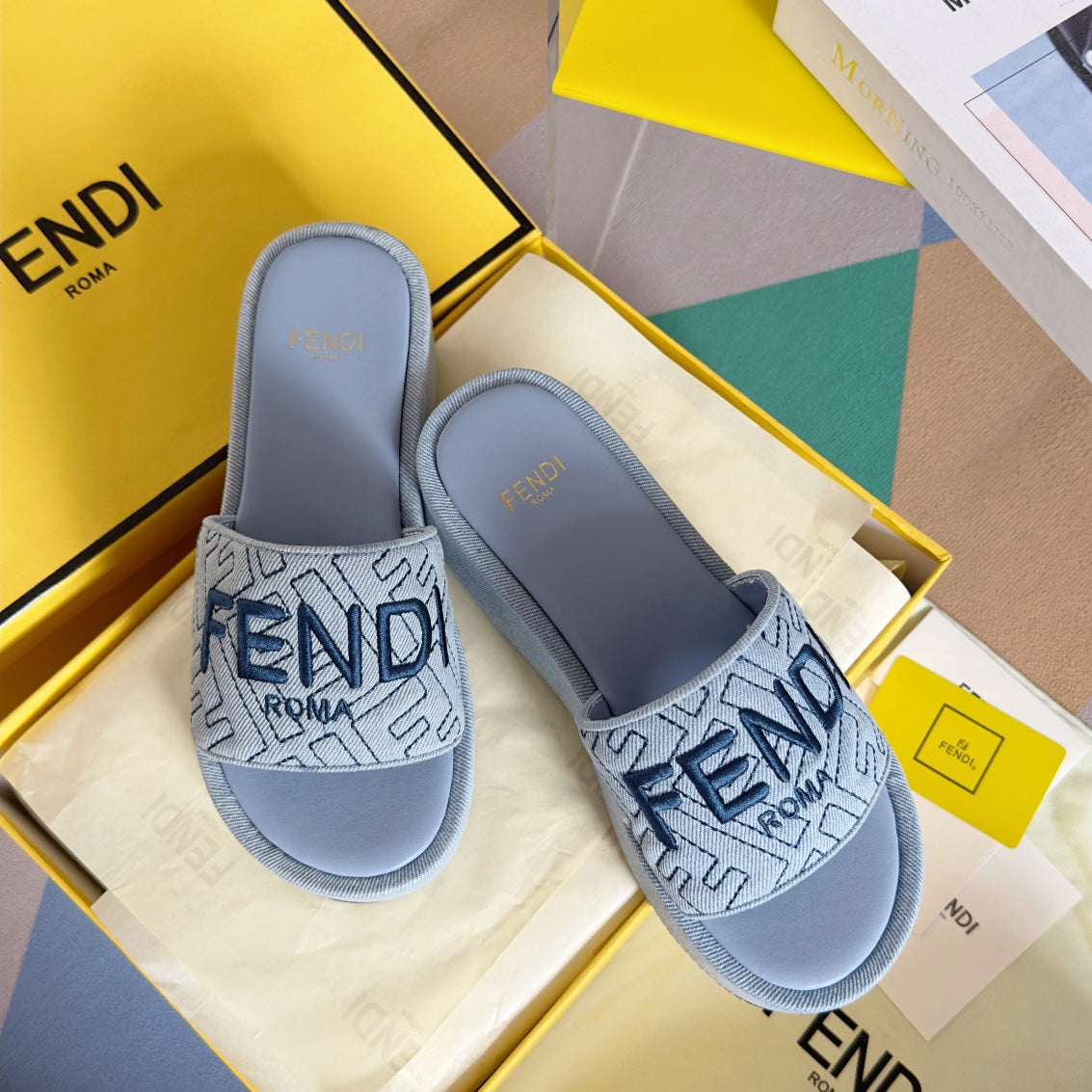 FENDI FF Monogram Sunshine 65 Light Blue Fabric Slide