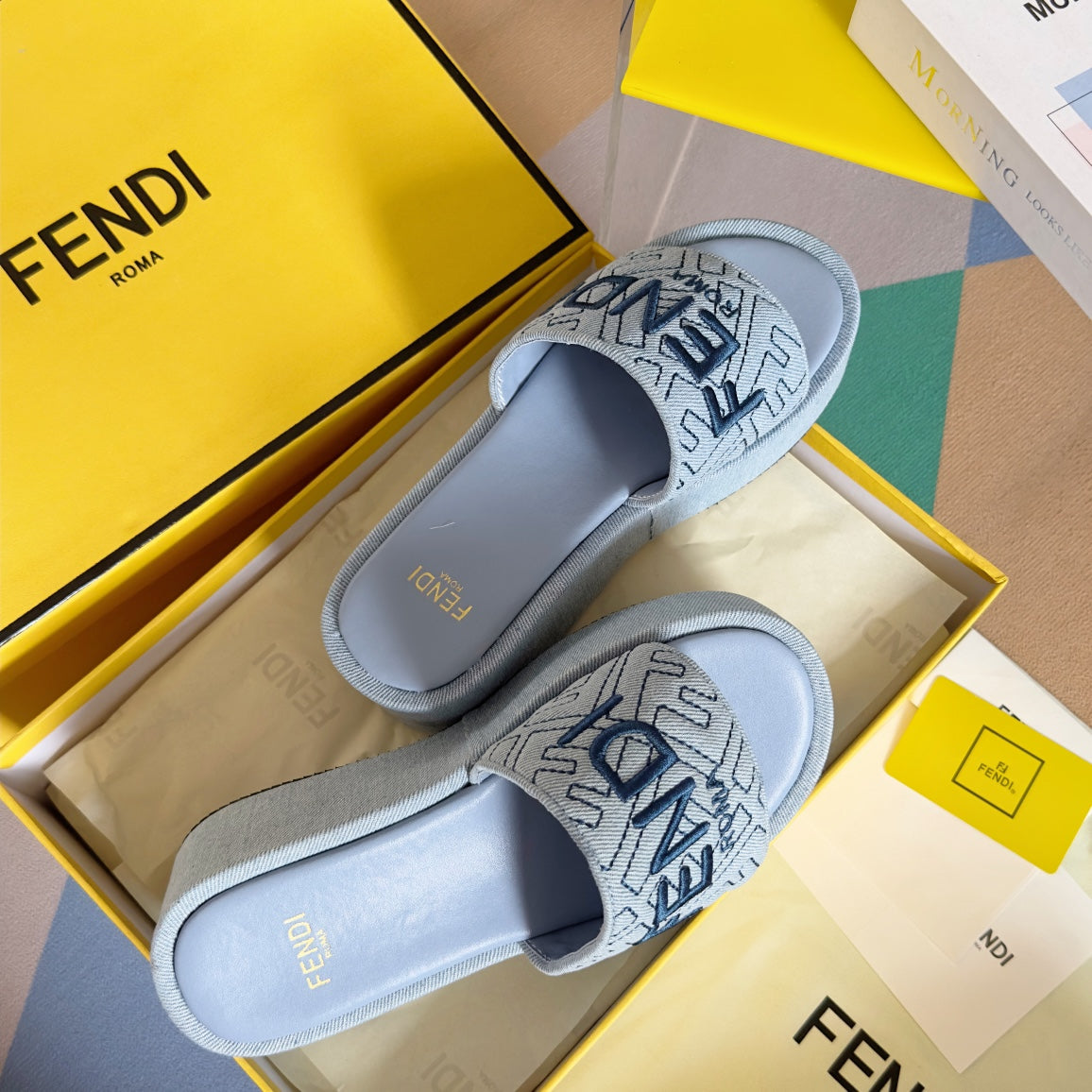 FENDI FF Monogram Sunshine 65 Light Blue Fabric Slide