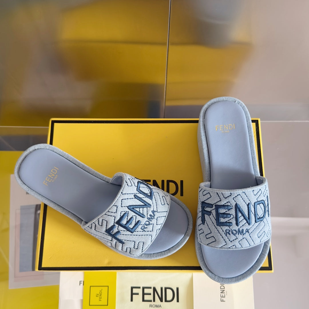 FENDI FF Monogram Sunshine 65 Light Blue Fabric Slide