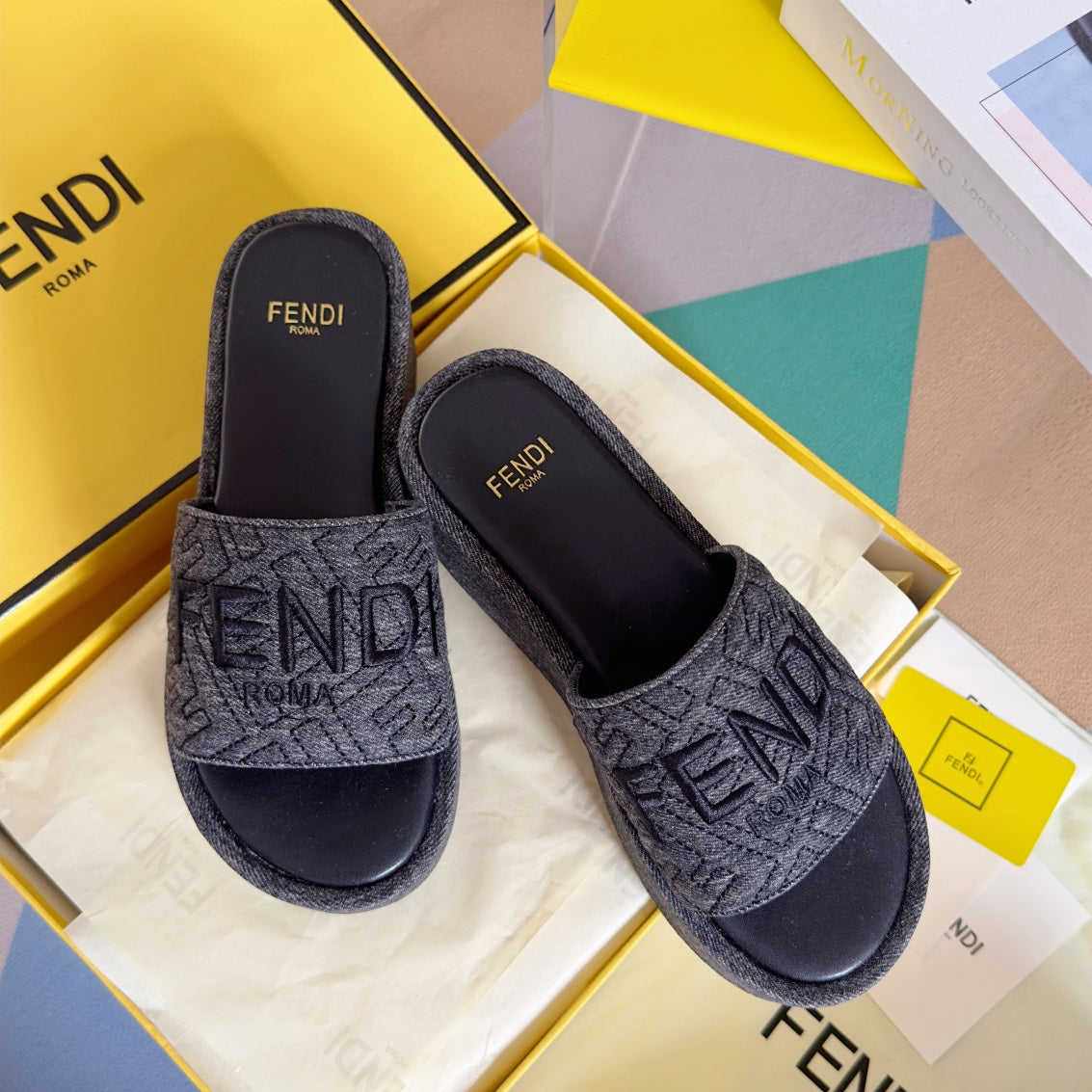 FENDI FF Monogram Sunshine 65 Black Fabric Slide