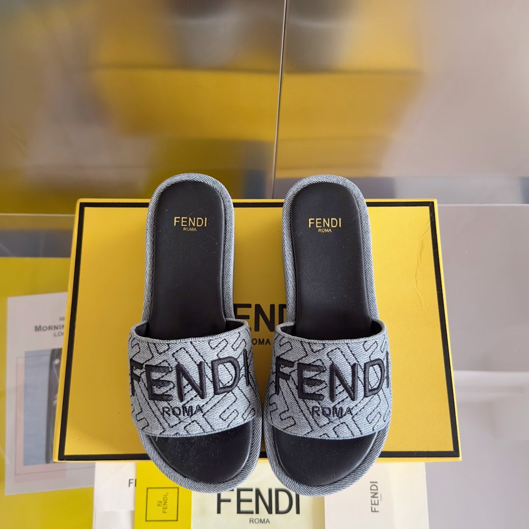 FENDI FF Monogram Sunshine 65 Black Grey Fabric Slide